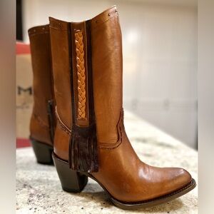 Women's ReYme Tan Leather Western Cowboy Boots with Fringe (NEW)